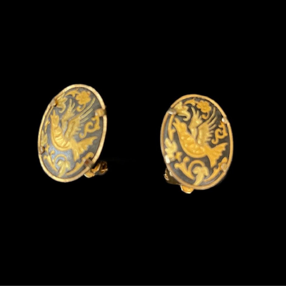 Vintage DAMASCENE Earrings Clip On Oval Black Gold Birds Flowers 5/8"